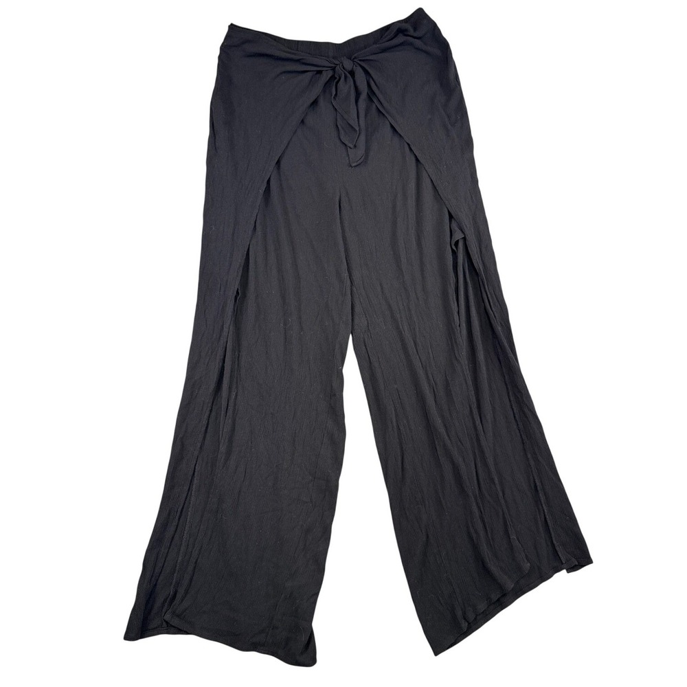 Kona Sol Womens Black Crinkle Wrap Front Side Slit Swim Cover Up Pants Large